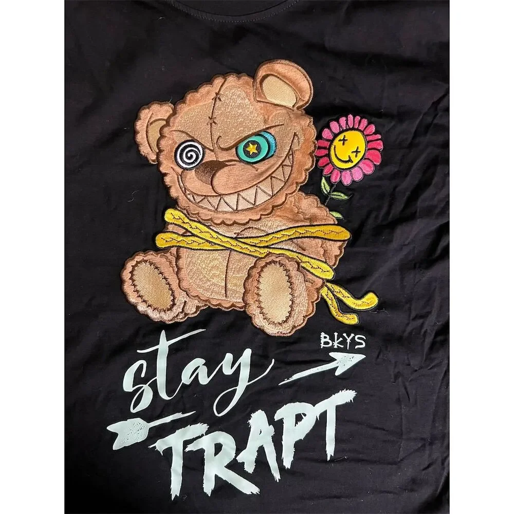 BKYS Men's Black Stay Trapt Teddy Bear Graphic T-Shirt Size L